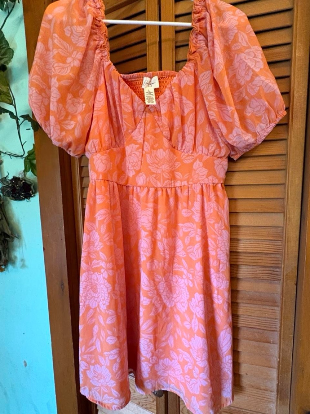 Jessica Simpson Orange Floral Puff-Sleeve Midi Dress